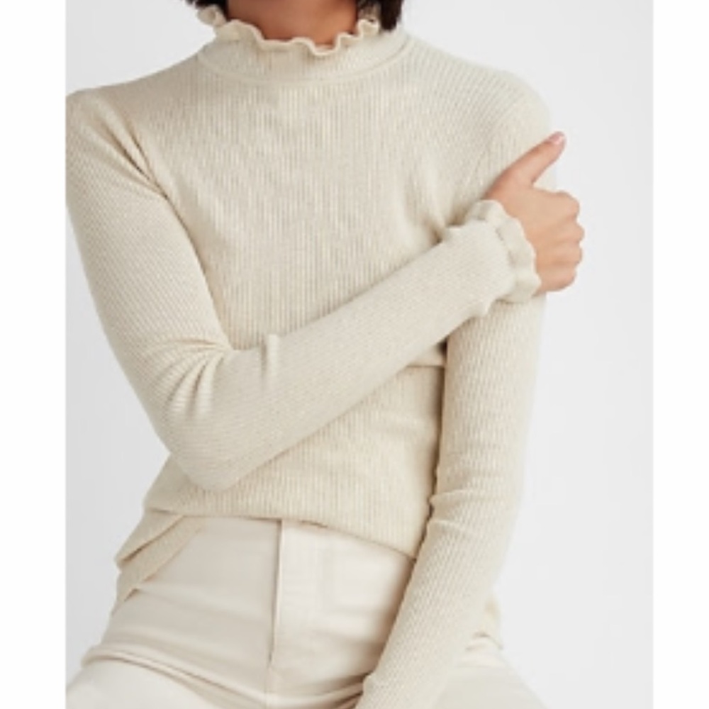 Express Lurex Ribbed Ruffle Mock
Neck Sweater